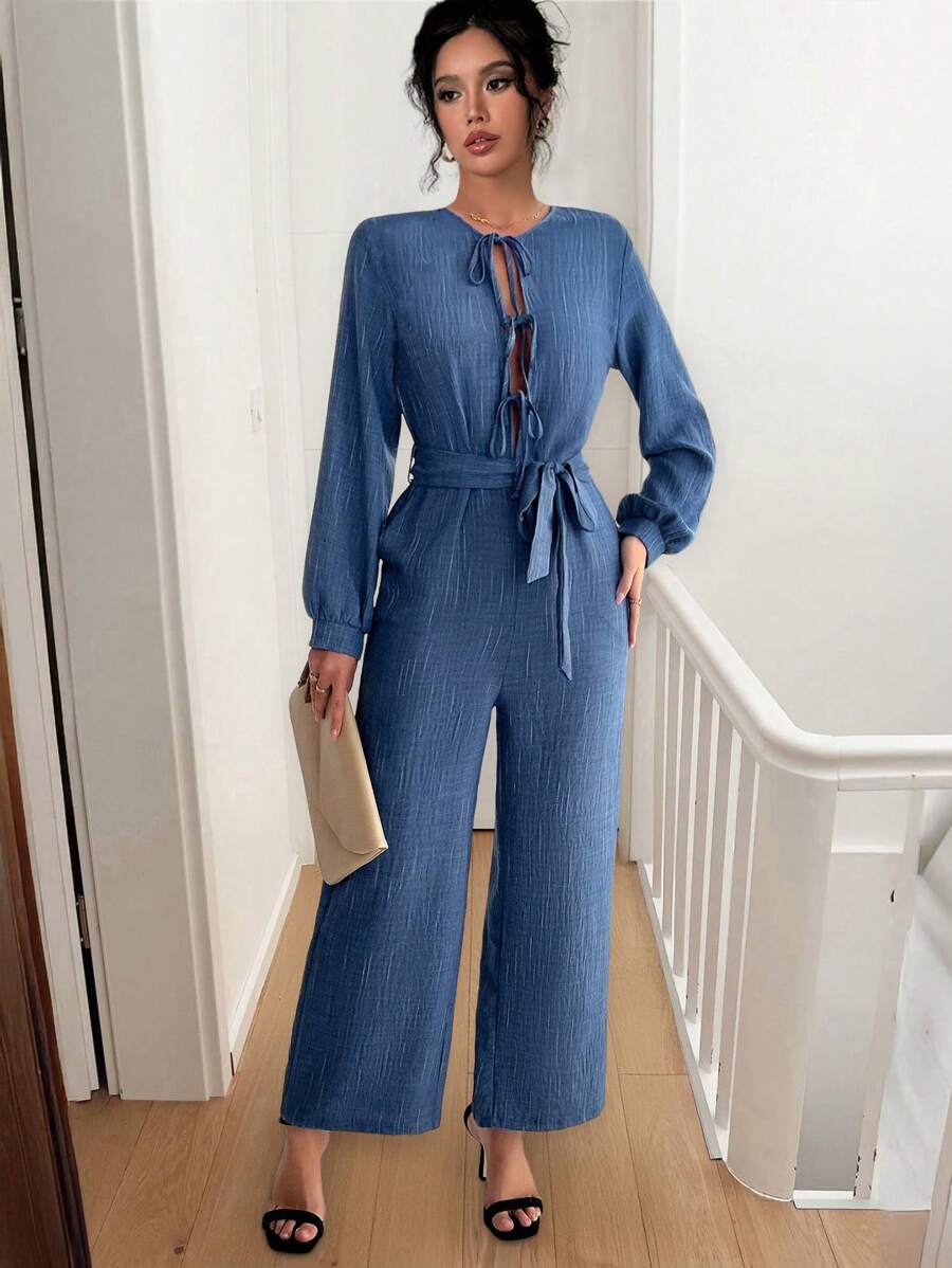 Chiquease Crew Neck Cinched Waist Long Sleeve Jumpsuit - Blue - View 1