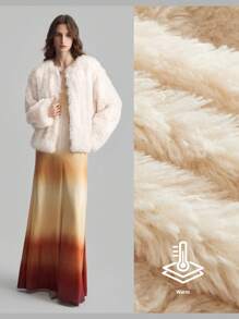 Ontre Women's Long Sleeve Round Neck Fluffy Jacket, Apricot Color Furry Long Coat For Autumn/Winter