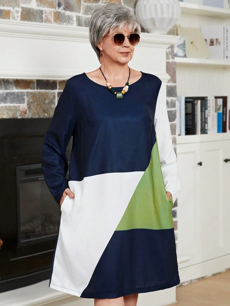 Plus Size Mom Contrast Color Pocket Decoration Long Sleeve Dress,Winter Dress