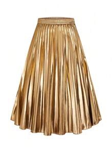 SHEIN Unity Plus Size Women Metallic Waist Elastic Pleated A-Line Skirt For New Year Holiday Party Clothes - Gold - View 6