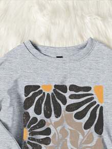 SHEIN LUNE 休闲简约方形几何花卉印花圆领宽松女式运动衫，秋冬 - 淺灰色 - 查看 5