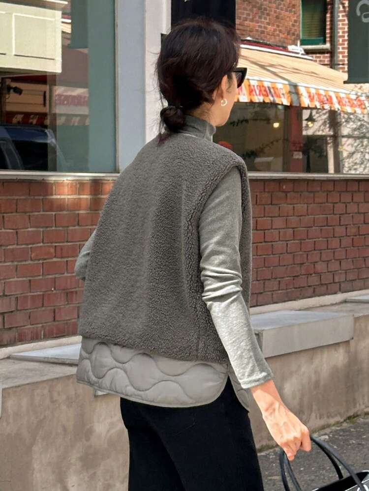Women's Casual Shearling Patchwork Vest Jacket Women Coats