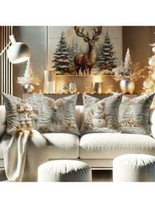 4 Peças Capas de Almofada Decorativas natalinas com Papai Noel, Boneco de Neve, Cervo e Árvore Floral, Engraçadas e de Luxo, Impressão 3D Branca e Dourada, Macias, Impressão em Um Lado, 45cm x 45cm, para Natal, Inverno, Sala de Estar, Quarto, Sofá e Cama, Sem Enchimento de Almofada - Multicolorido - Visão 4