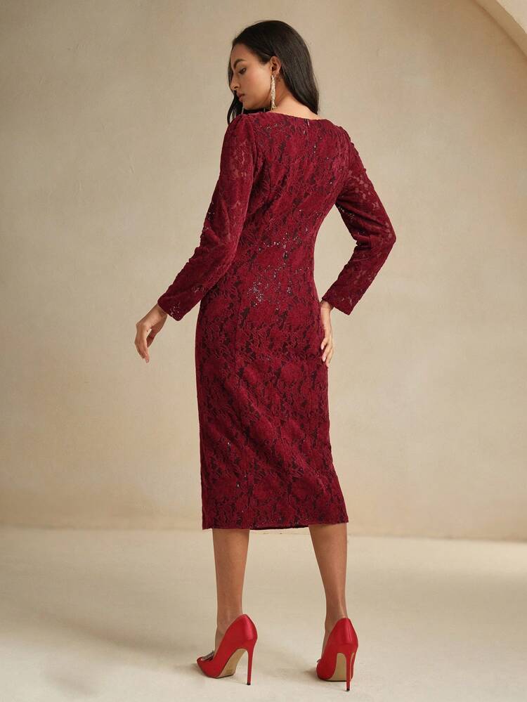 Women Elegant Christmas Lace V-Neck Sequins Embellished Bodycon High Slit Dress