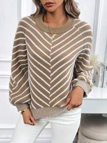 Chiquease Áo len chui đầu rộng tay raglan họa tiết sọc thường ngày cho nữ - Nhiều màu - Xem 5