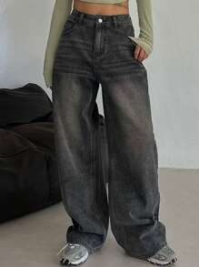 DAZY 女士休闲水洗复古宽松喇叭裤牛仔裤，宽松牛仔裤 - 灰色 - 查看 6