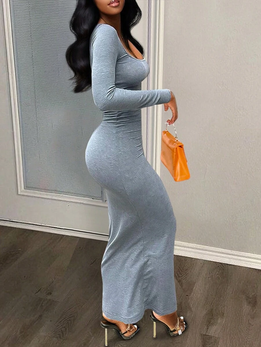 SHEIN LUNE 1 件女士时尚性感纯色长袖修腰紧身连体裤，秋季 - 灰色 - 查看 1
