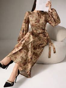 Modelyn Women's Round Neck Long Sleeve Allover Print Fitted Dress