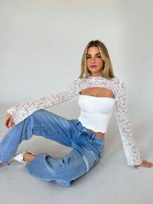 Aloruh Áo cánh tay loe khoét ren màu trơn cho nữ, màu trắng, mùa thu/đông - trắng - Xem 8