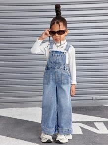 SHEIN Macacão jeans azul básico para meninas, estilo Y2K, calças e macacão jeans estilo street cool, roupas de outono e inverno para meninas