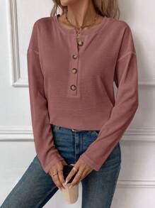 SHEIN LUNE 女式纽扣前华夫格针织长袖 T 恤，白色，秋季 - 紅木色 - 查看 3