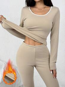 SHEIN Unity 2 件套女士撞色拼布圆领厚款修身长袖上衣和紧身裙 - 卡其色 - 查看 2