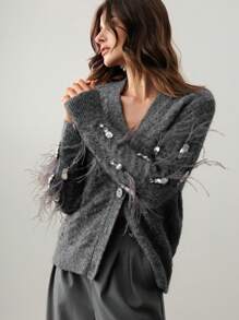 Anewsta Women's Fashion Modern Christmas Floral Gray Sequin Rhinestone Feather Decor Pullover Sweater For Work, Autumn