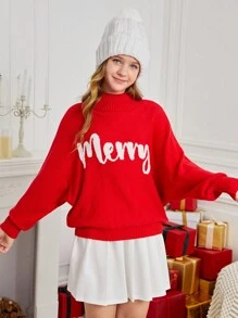 SHEIN Teen Girl Christmas Slogan High Neck Loose Casual Warm Versatile Red Pullover Sweater Autumn Winter Clothes For Girl - Red - View 3