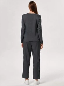 TaskEZ 1set Basic V-Neck Long Sleeve Blouse & Pants Scrub Uniform Set - Grey - View 2