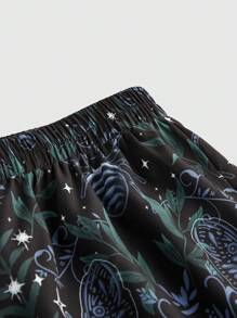 ROMWE Fairycore Hippie Boho Style Loose Straight Wide Leg Elastic Waist Pants With Animal & Floral Print, Plus Size - Black - View 3