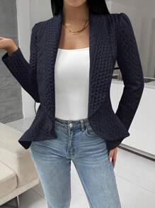 SHEIN Essnce Áo blazer nữ màu trơn cổ bẻ tay dài thanh lịch, kiểu dáng công sở thường ngày, trang phục công sở mùa thu, trang phục giáo viên mùa thu - Màu xanh hải quân - Xem 3