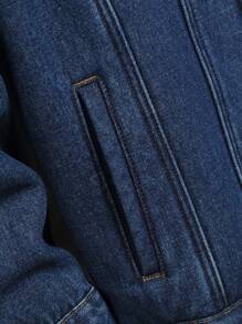 Manfinity Homme Men's Casual Contrast Color Collar Thermal Lined Dark Denim Jacket, Autumn/Winter, For Vacation, Husband - Dark Wash - View 4