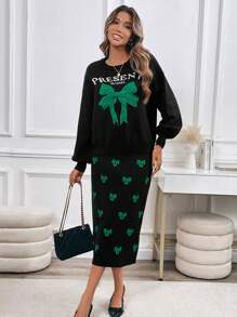 SHEIN Unity 2pcs Casual Set: Jacquard Bow Decor Detail Crew Neck Long Sleeve Top & A-Line Skirt Fall Cloth For Women - Multicolor - View 3