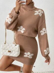 Chiquease Vestido de malha com estampa floral romântica francesa e cintura alta - Caqui - Ver 6