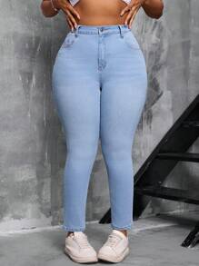 SHEIN SXY Plus Size Stretchy Jeans With Pink Line Graphic Print, Skinny Fit