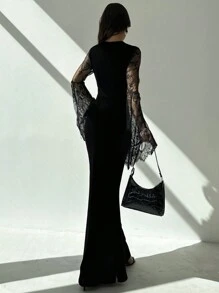 Firerie Gothic Style Sweetheart Neck Lace Flare Sleeve Velvet Fit And Flare Dress, Elegant Sexy For Halloween Party Night, Autumn/Winter Black Floral - Black - View 7