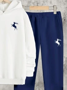 Manfinity Homme Conjunto de chándal con estampado de ciervos, sudadera con capucha y pantalón de chándal casuales y deportivos para hombre en otoño
