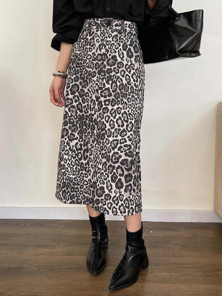 Leopard Print High Slit Women Skirt,Fall Clothes Winter Women Skirts