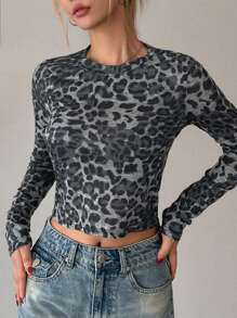 DAZY Women's Autumn Leopard Print Round Neck Fitted Long Sleeve Fashionable T-Shirt,Fall Women Clothes - Brown - View 4