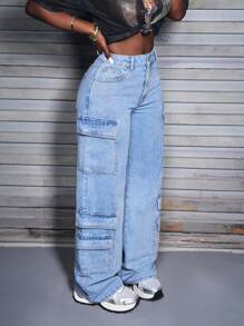 SHEIN Slayr Pantalones vaqueros de carga rectos con ajuste relajado y lavado para mujer - Azul - Ver 6