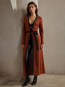 Anewsta 女式休闲前开腰系带撞色长款开衫 - 棕色 - 查看 5