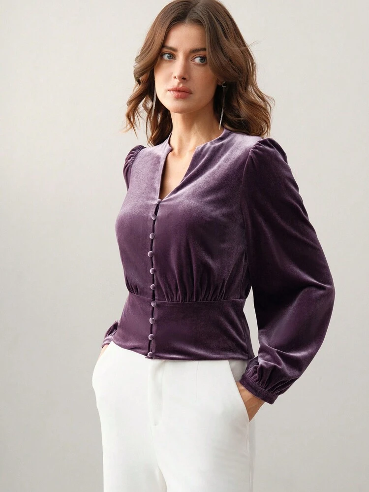 Christmas French V-Neck Puffy Sleeve Velvet Waist Trim Fashionable & Elegant Blouse, Autumn