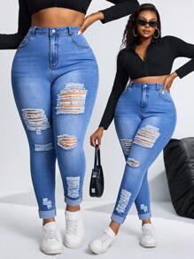 SHEIN SXY Plus Size Elastic Distressed Denim Jeans