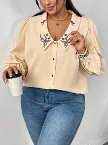 SHEIN CURVE+ Blusa de manga larga con detalles de bordado, estilo burbuja, para vacaciones, talla grande