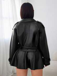 SHEIN EZwear Plus Size Women's Cool Black Windbreaker Leather Jacket With Warm Lining For Halloween Casual Wear, Crafted With Precision