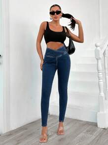 SHEIN Cottnline 98%纯棉女式纯色简约款牛仔裤 - 深色水洗藍 - 查看 6