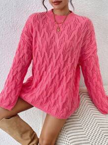Chiquease 中长款宽松复古麻花针织毛衣 - 玫紅色 - 查看 5