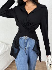 Calvaya French Style Elegant Sweet Scoop Neck Lace Splice Back Fashionable Casual Backless Blouse For Women Women Shirt