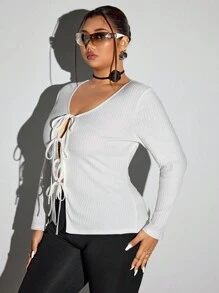 SHEIN ICON Plus Size Women's Solid Color Long Sleeve Casual Front Tie Top, Autumn - White - View 4
