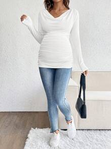 SHEIN Maternity Solid Color Cowl Neck Long Sleeve Ruched Slim Fit Casual T-Shirt Fall - White - View 6