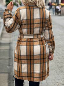 SHEIN LUNE Đầm ngắn thường ngày kẻ caro tay dài cài nút phía trước cỡ lớn - Màu Khaki - Xem 2