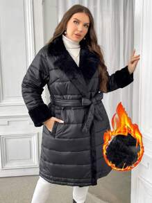 SHEIN Privé 大码女式羊毛拼接收腰长款加厚外套，立领，口袋，加厚保暖黑色外套，秋冬 - 黑色 - 查看 9