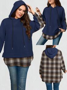EMERY ROSE Áo khoác nỉ hai mảnh dáng rộng, phối họa tiết kẻ caro, có dây rút, chất liệu giả da, thích hợp mặc mùa thu. - Màu xanh hải quân - Xem 1