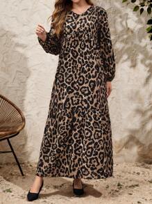 EMERY ROSE 女士豹纹 V 领灯笼袖休闲中长连衣裙 - 彩色 - 查看 4