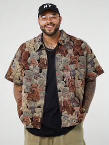 EASEVO 大码男士宽松休闲编织熊图案彩色短袖衬衫，适合外出 - 棕色 - 查看 4