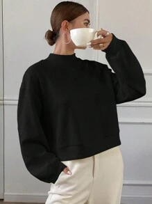 DAZY 1 件女士休闲纯色纹理宽松运动衫，秋冬，长袖上衣，秋季女装 - 黑色 - 查看 2