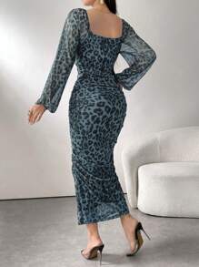 Modelyn Váy lưới cổ vuông họa tiết da báo thanh lịch cho nữ, mùa thu - Màu xanh lá cây đậm - Xem 2