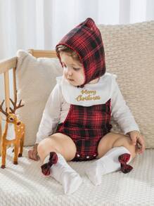 SHEIN Set di 5 pezzi di abbigliamento per neonata: cappellino ricamato, bavaglio, calze con fiocco, blusa con volant, tutina a quadri, caldo e confortevole per l' autunno e l' inverno all' aperto