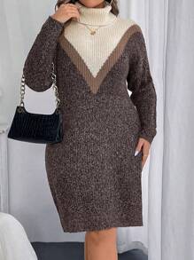 Elenzga 大码拼色高领毛衣连衣裙，休闲秋冬 - 咖啡棕 - 查看 6