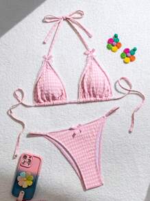 بيكيني مجموعة لنساء ذات حزام وردي شقوق طويلة رقيقة ولطيفة، مزخرف بنقوش الغنغام والكشكشة للصيف